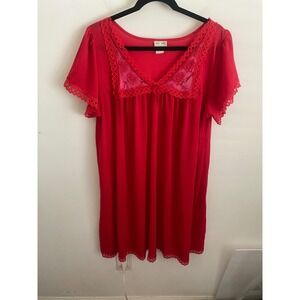 Vintage Kelly Reed Red Lace Trim Nightgown‎ Short Flutter Sleeve Bow Detail L